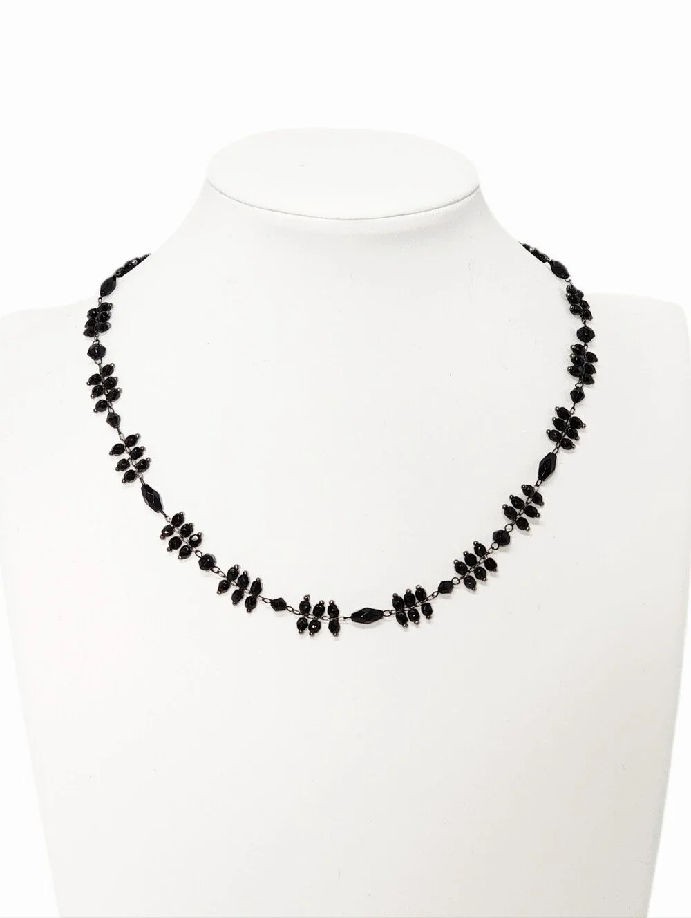 Delicate Faceted Black Beaded Gunmetal Chain Necklace